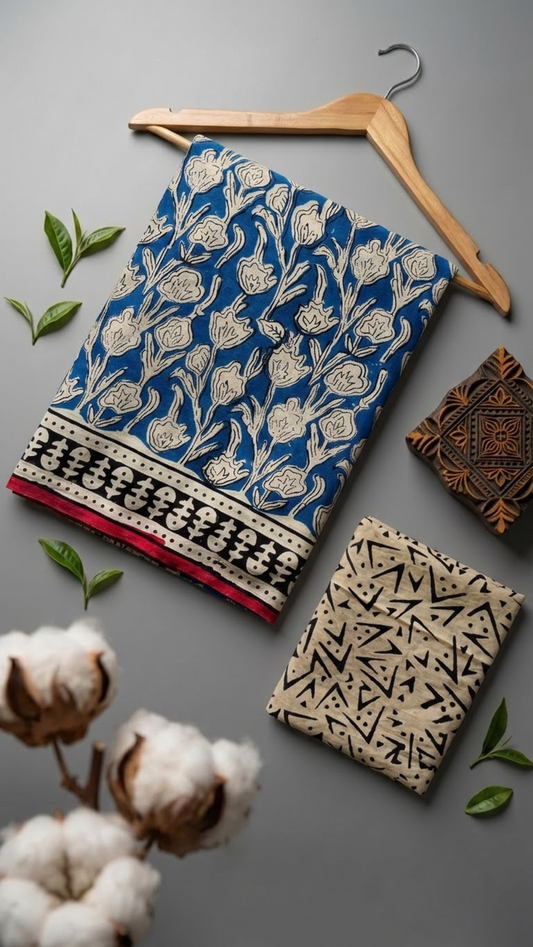 Blue cotton saree with ivory floral vines, a black-and-ivory border with red edging, and an ivory abstract-print blouse piece, arranged with the blouse piece in a styled flat lay