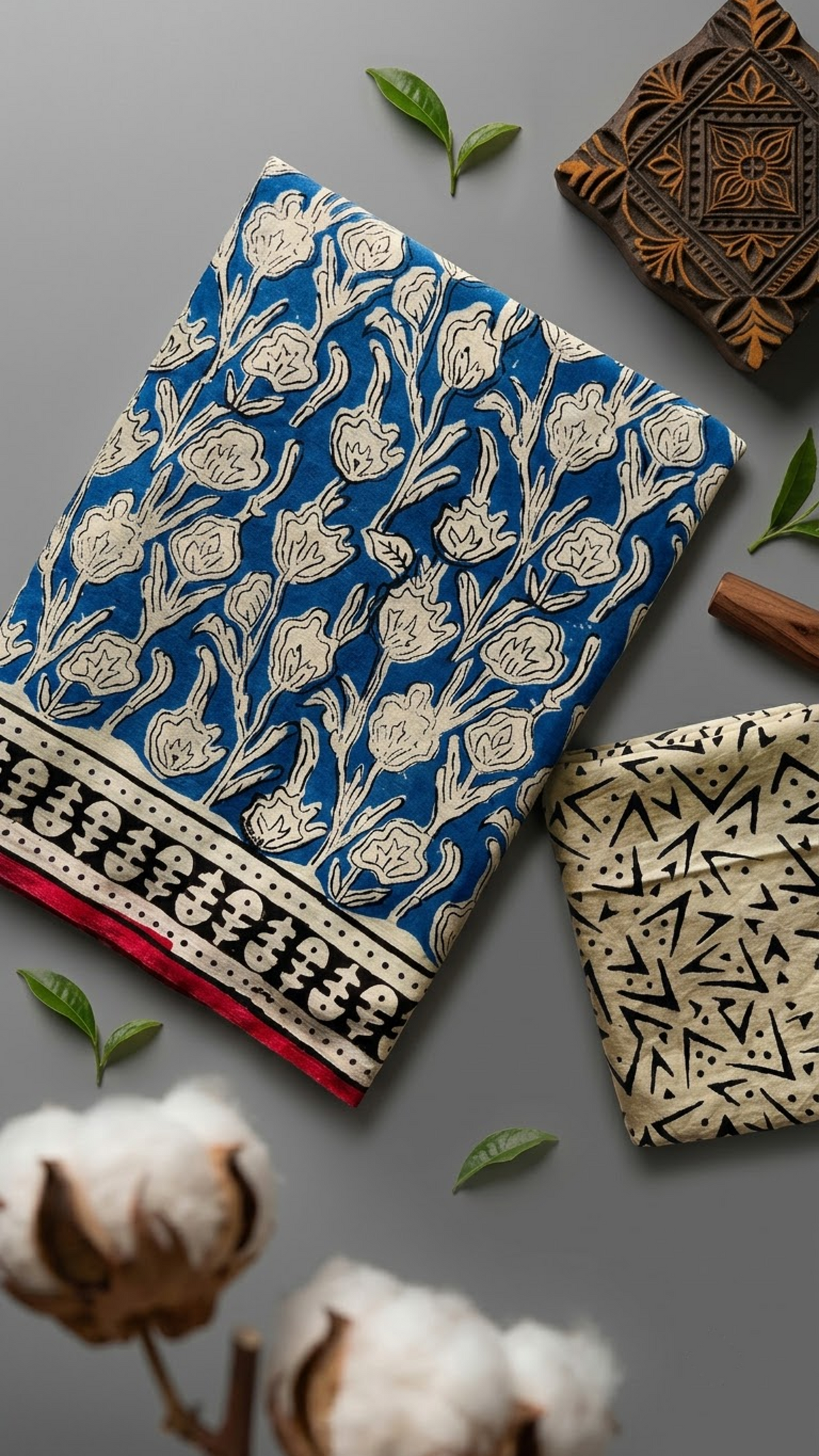 Blue cotton saree with ivory floral vines, a black-and-ivory border with red edging, and an ivory abstract-print blouse piece, shown with the blouse piece in a close detail view