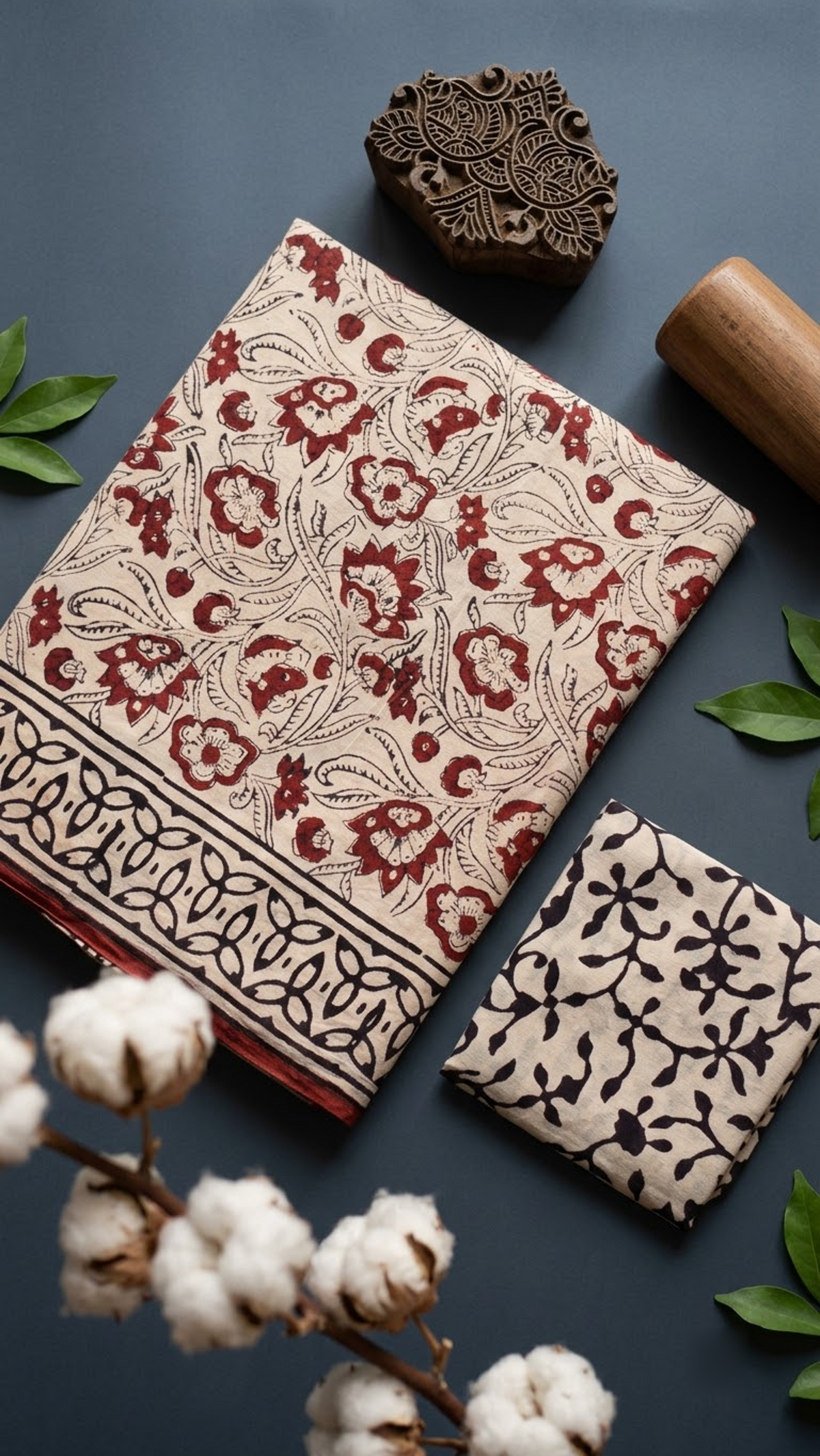 Detail of ivory and red floral print cotton saree print and blouse piece