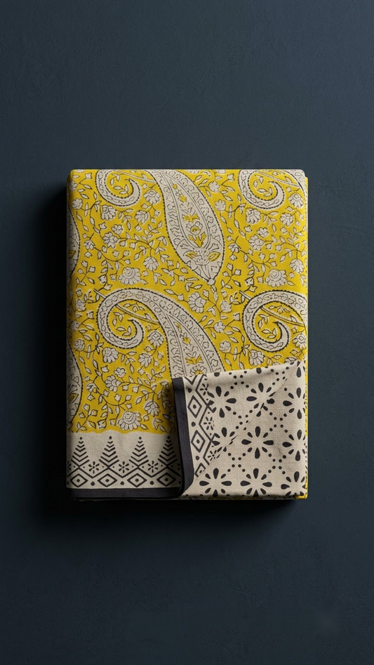 Folded yellow paisley print cotton saree with blouse piece on a charcoal background