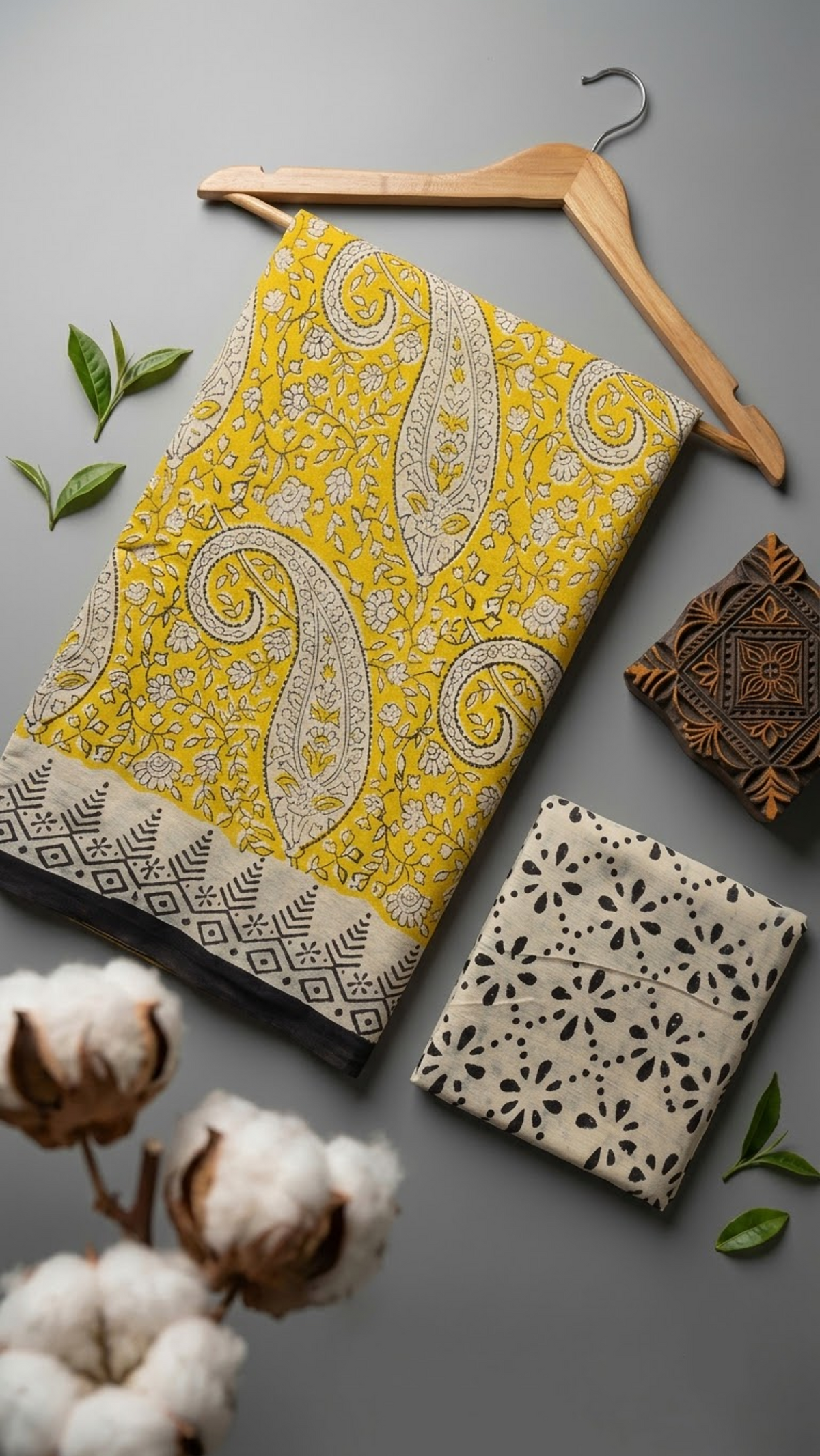 Flat lay of yellow paisley print cotton saree with coordinating blouse piece