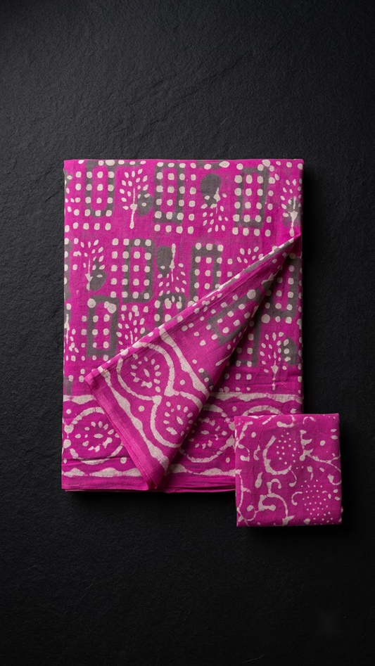 Folded magenta geometric print cotton saree with blouse piece on a charcoal background