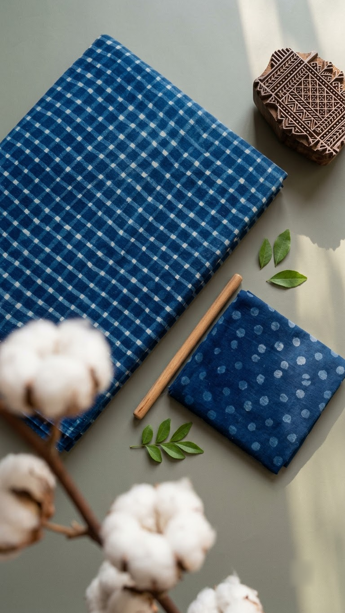 Detail of blue check cotton saree print and blouse piece