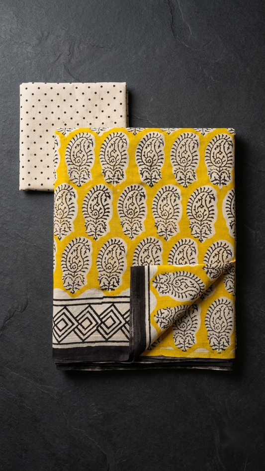 Folded yellow paisley motif cotton saree with blouse piece on a charcoal background
