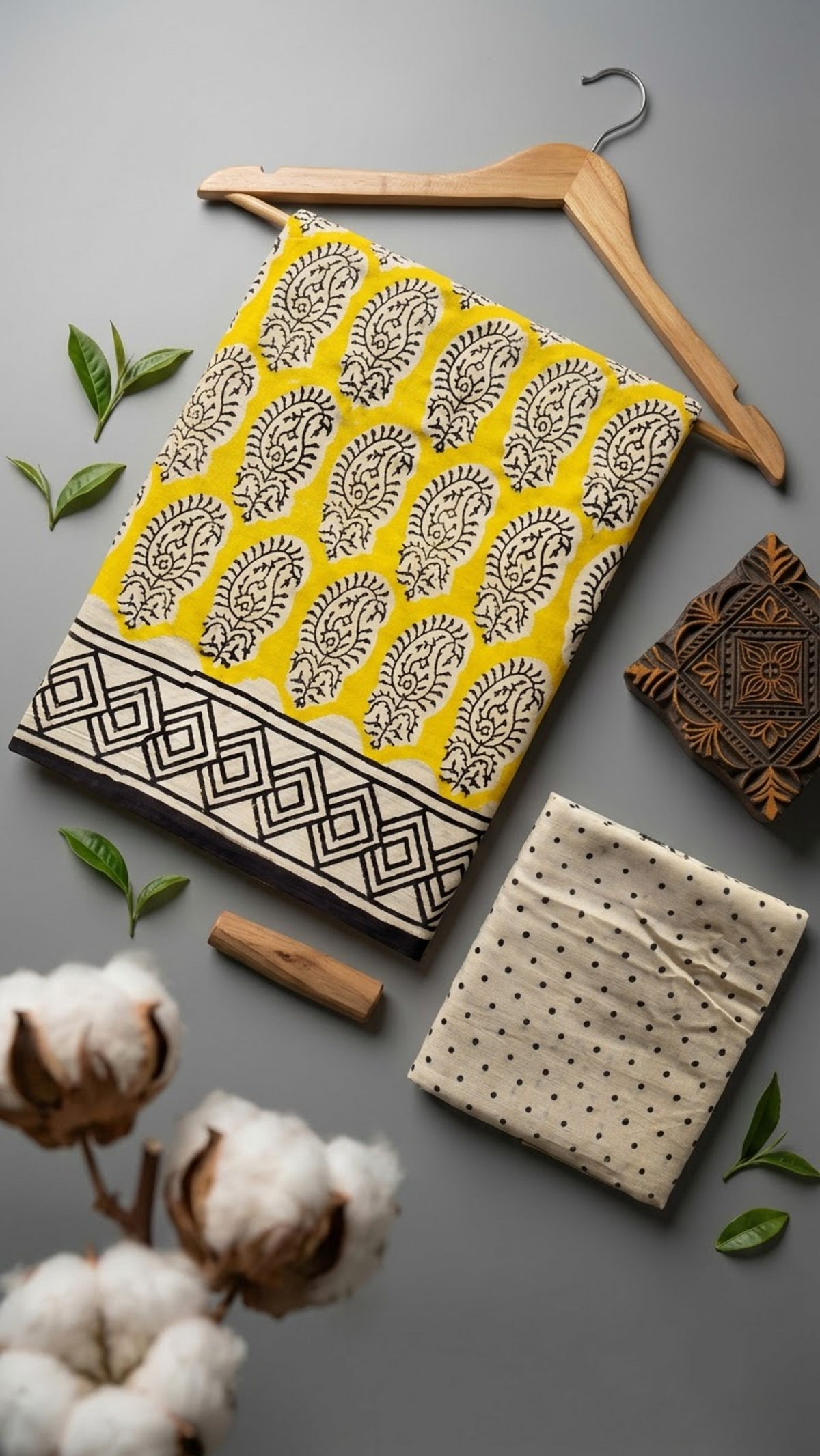 Flat lay of yellow paisley motif cotton saree with coordinating blouse piece