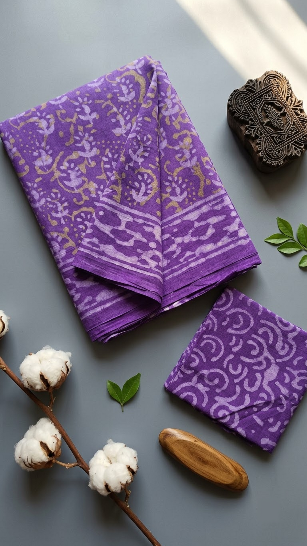 Detail of purple floral vine cotton saree print and blouse piece