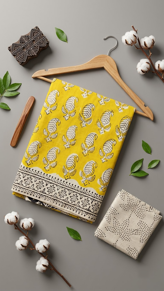 Flat lay of yellow leaf paisley cotton saree with coordinating blouse piece