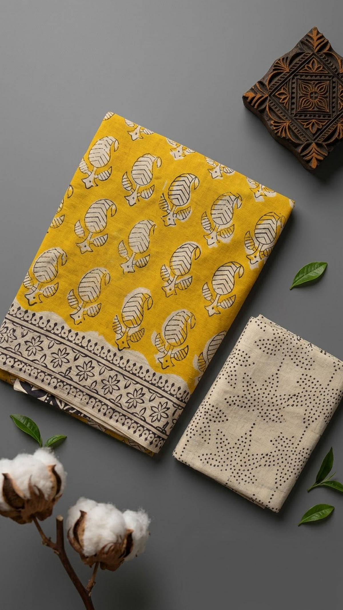 Detail of yellow leaf paisley cotton saree print and blouse piece