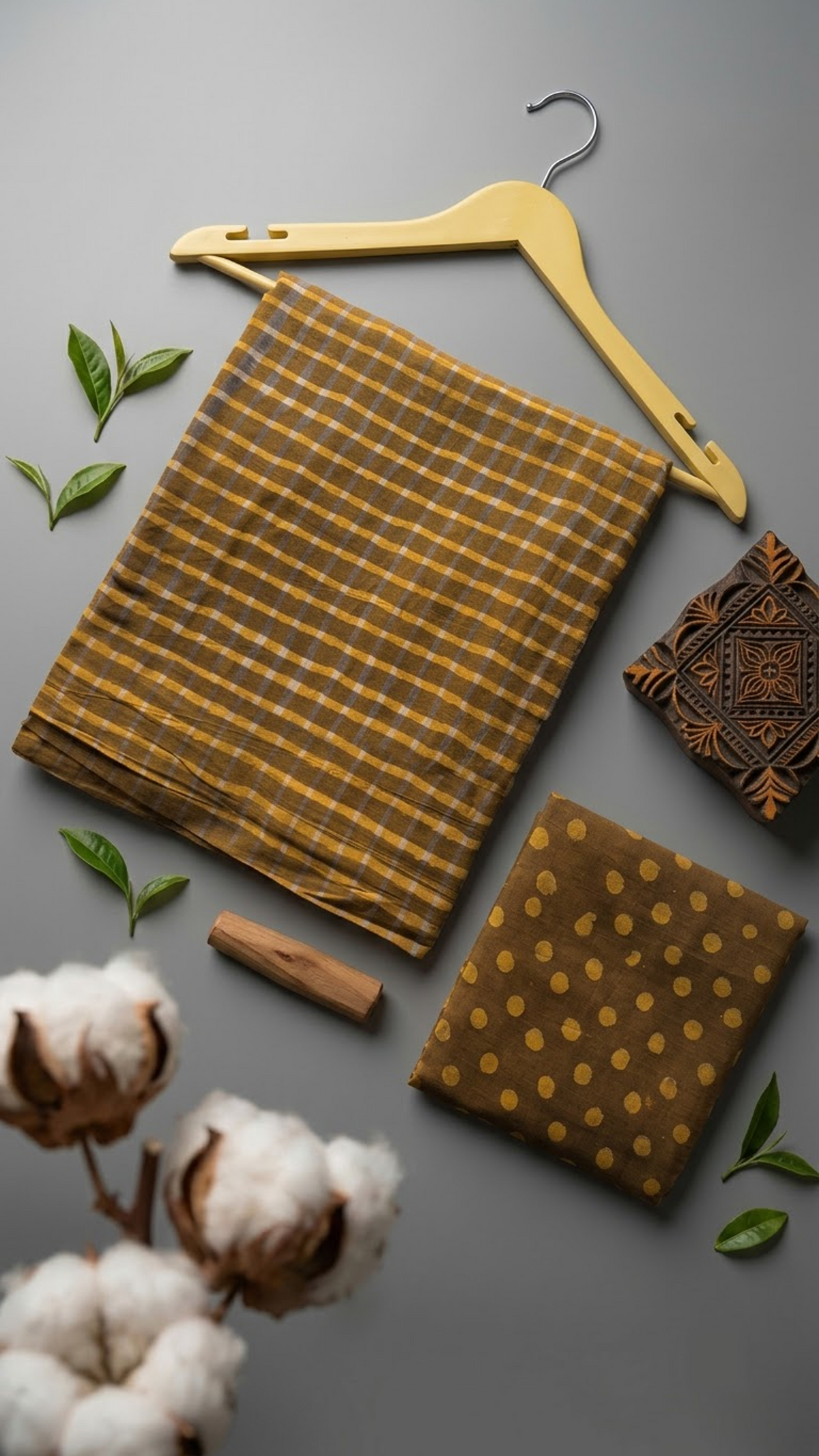 Flat lay of brown and mustard check cotton saree with coordinating blouse piece