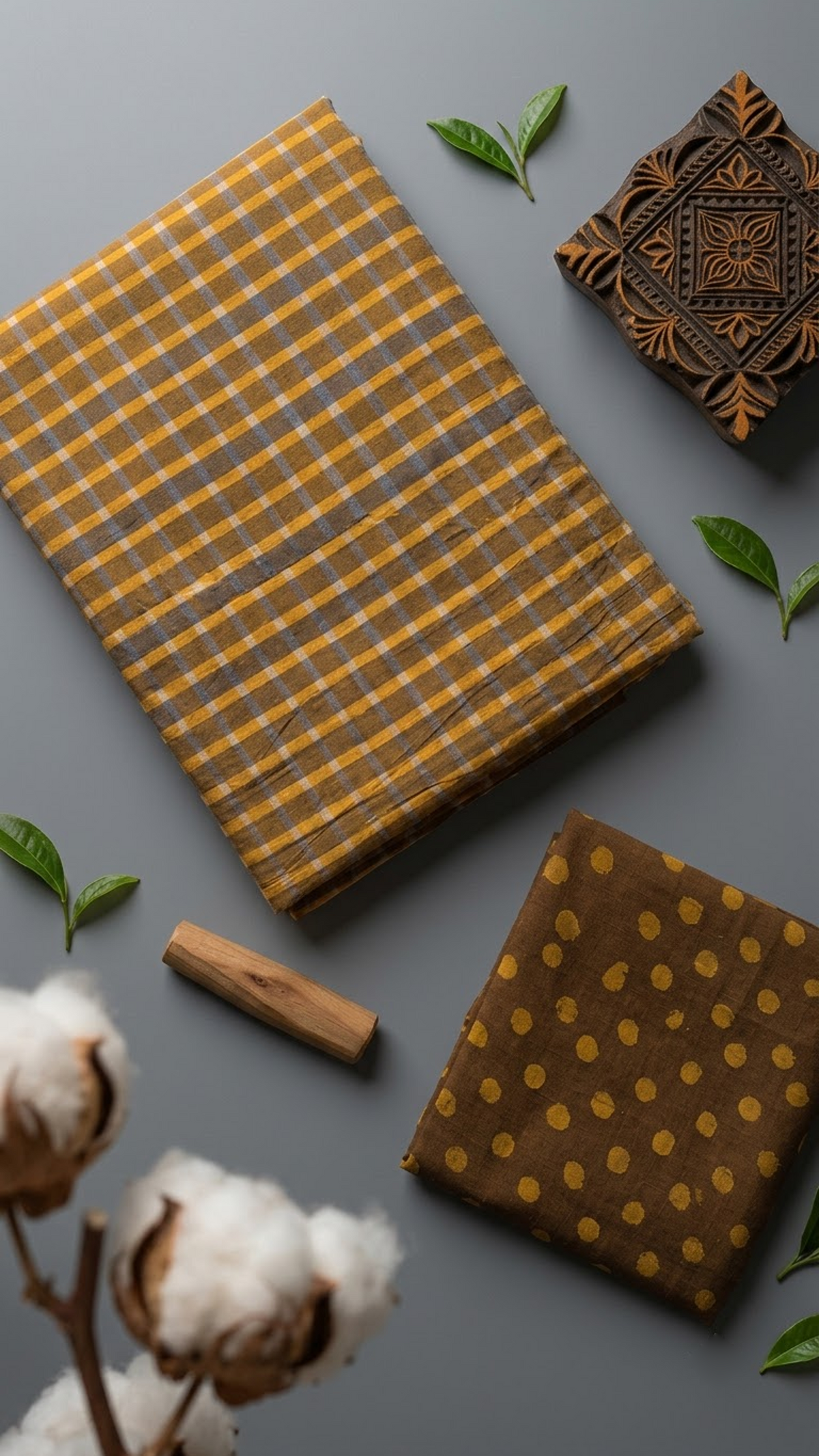 Detail of brown and mustard check cotton saree print and blouse piece