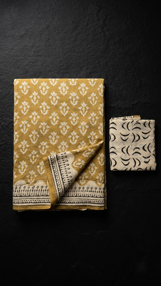 Folded mustard floral sprig cotton saree with blouse piece on a charcoal background