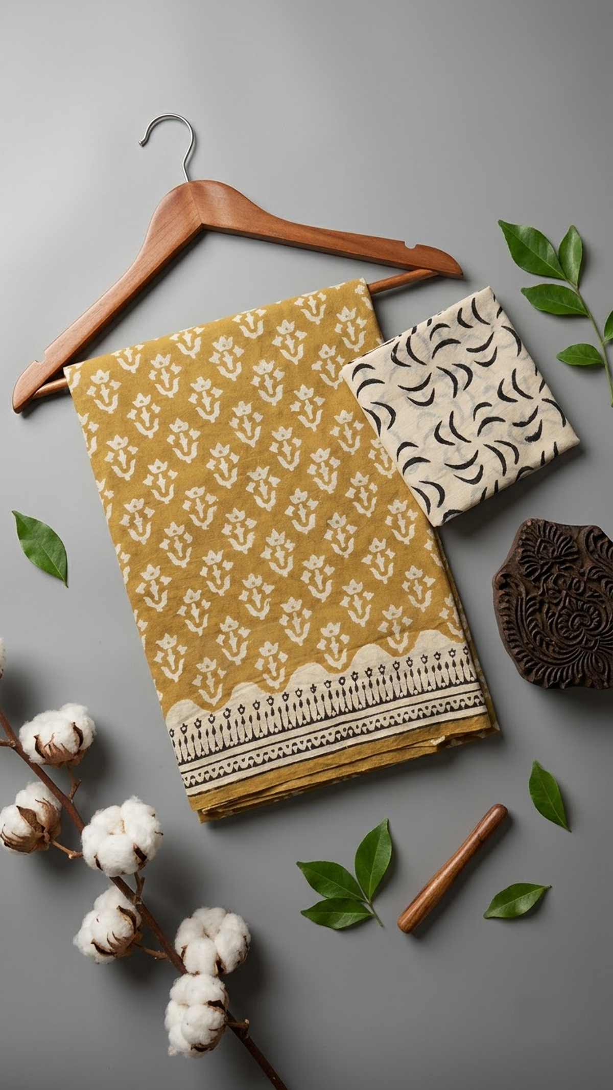 Flat lay of mustard floral sprig cotton saree with coordinating blouse piece