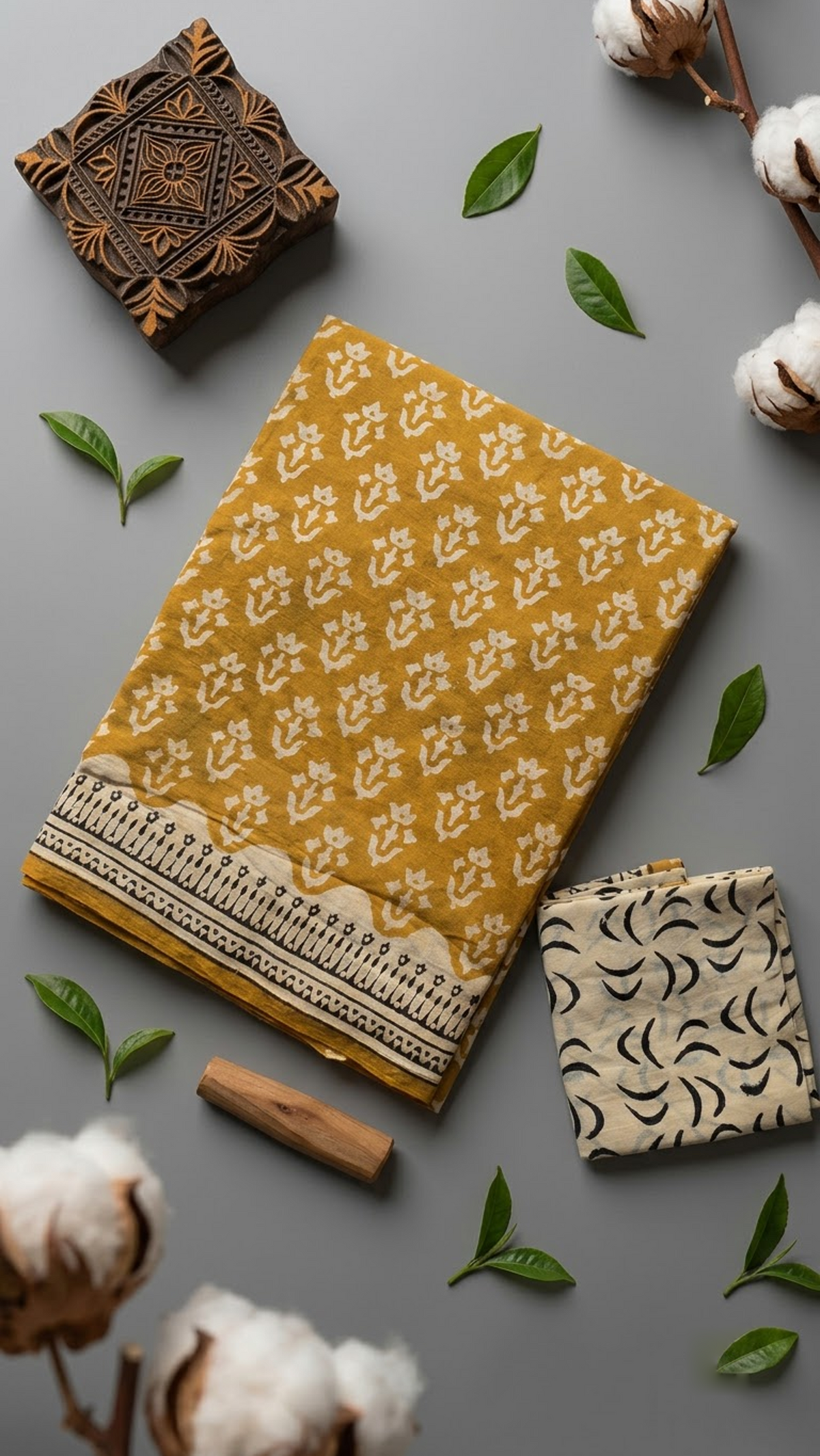 Detail of mustard floral sprig cotton saree print and blouse piece