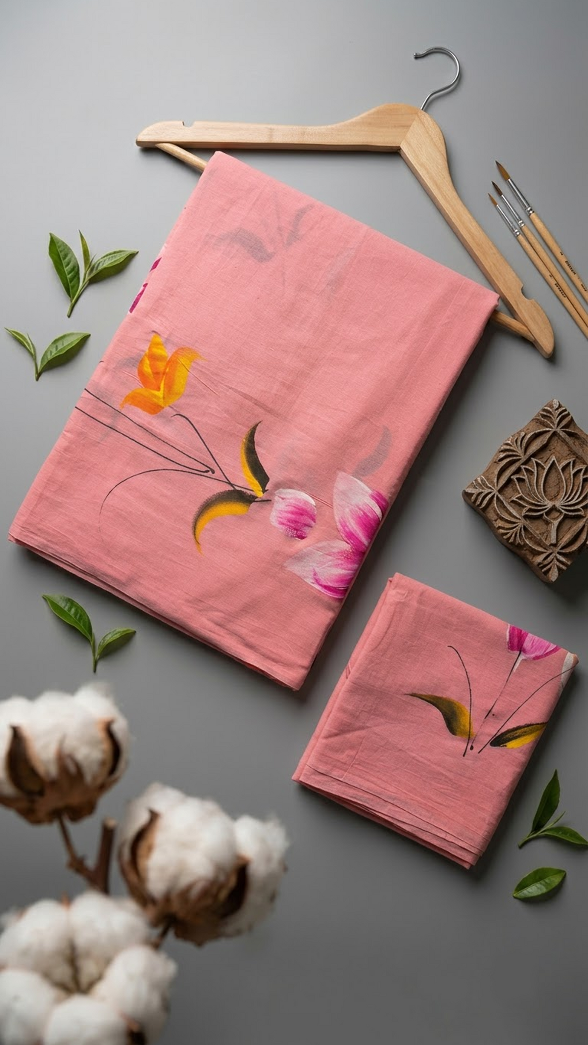 Flat lay of pink floral print cotton saree with coordinating blouse piece