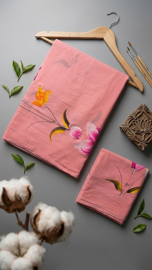 Flat lay of pink floral print cotton saree with coordinating blouse piece