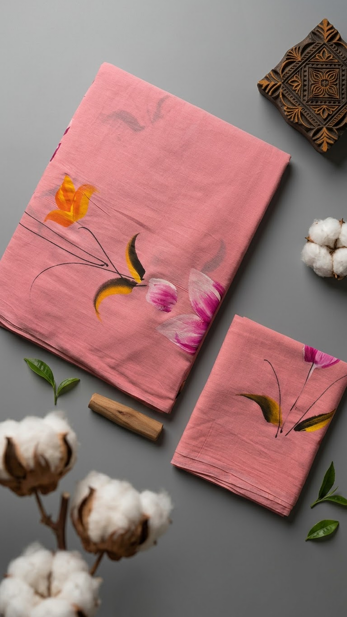 Detail of pink floral print cotton saree print and blouse piece