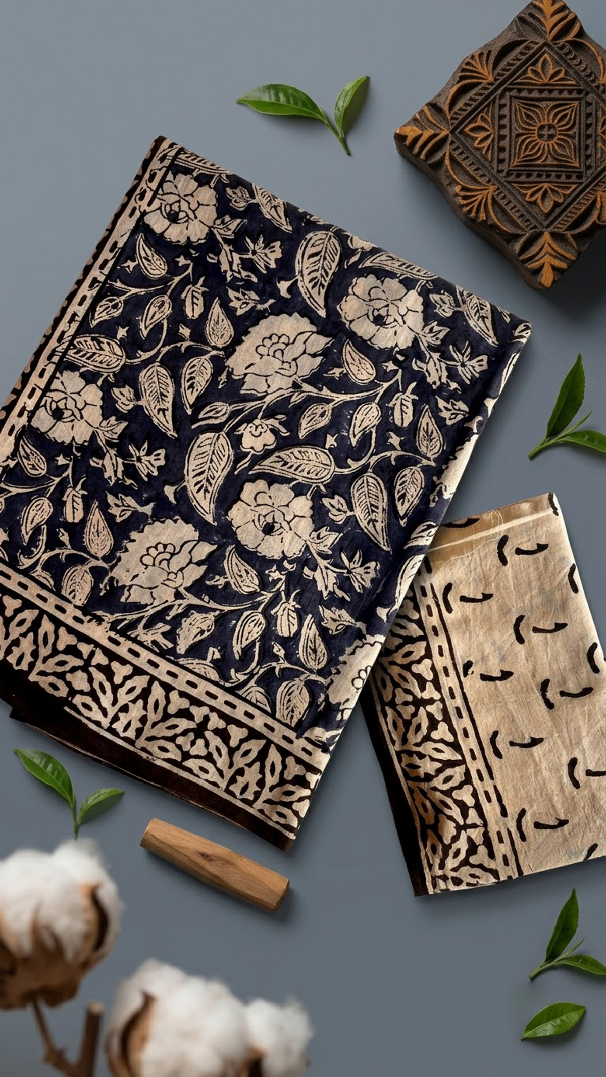 Detail of dark floral print cotton saree print and blouse piece
