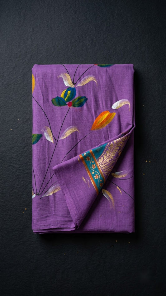 Folded purple floral print cotton saree with blouse piece on a charcoal background
