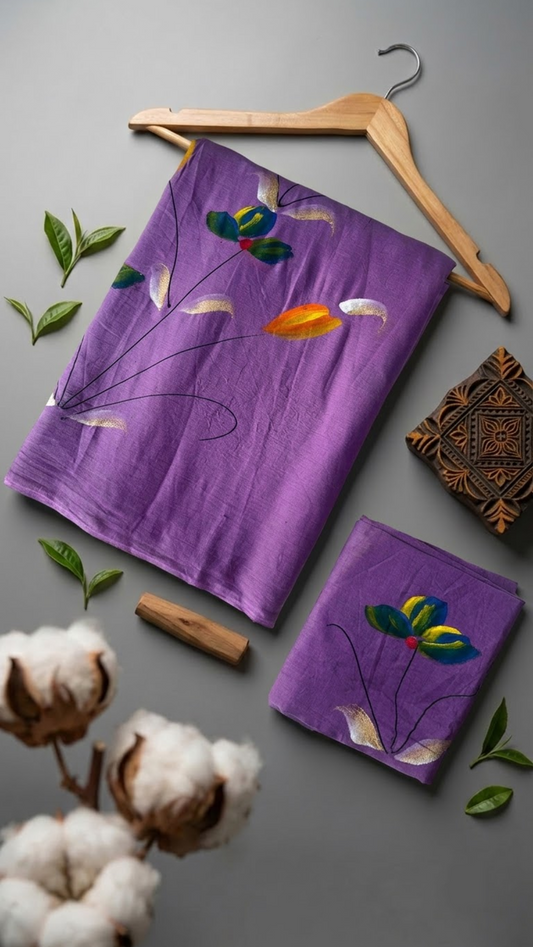 Flat lay of purple floral print cotton saree with coordinating blouse piece