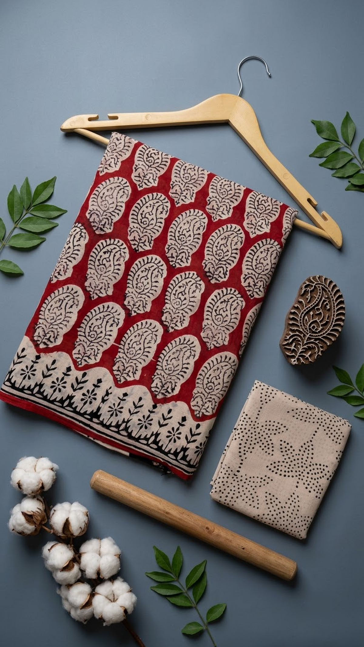 Flat lay of red paisley print cotton saree with coordinating blouse piece