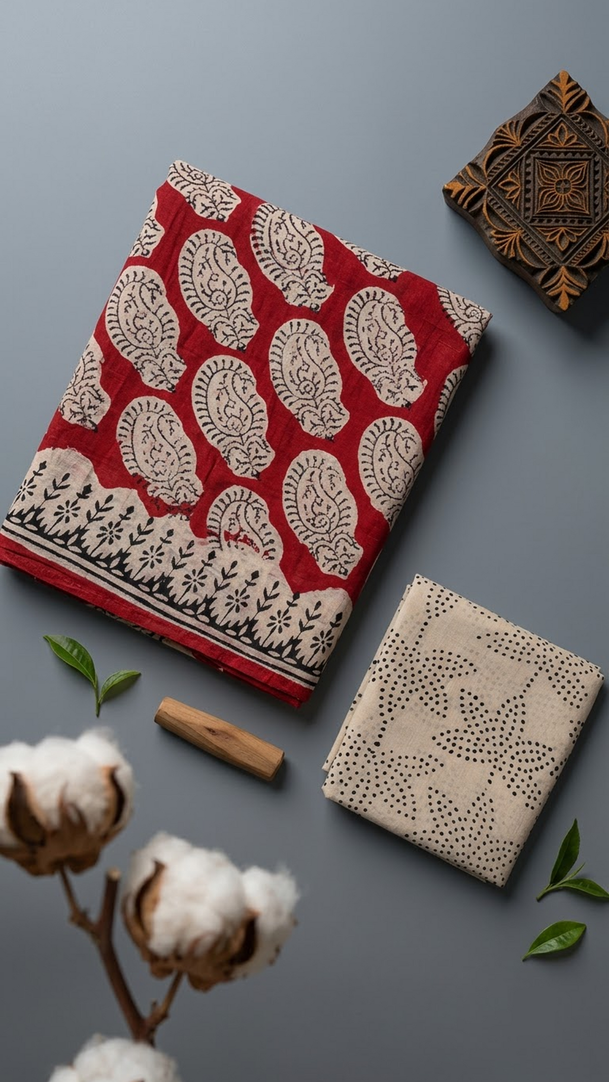 Detail of red paisley print cotton saree print and blouse piece