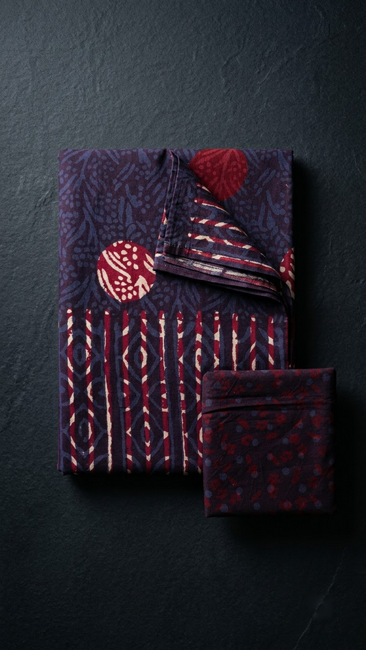 Navy cotton saree with blue botanical marks, red and ivory-accented circles, striped pallu and navy blouse with small red motifs folded on charcoal