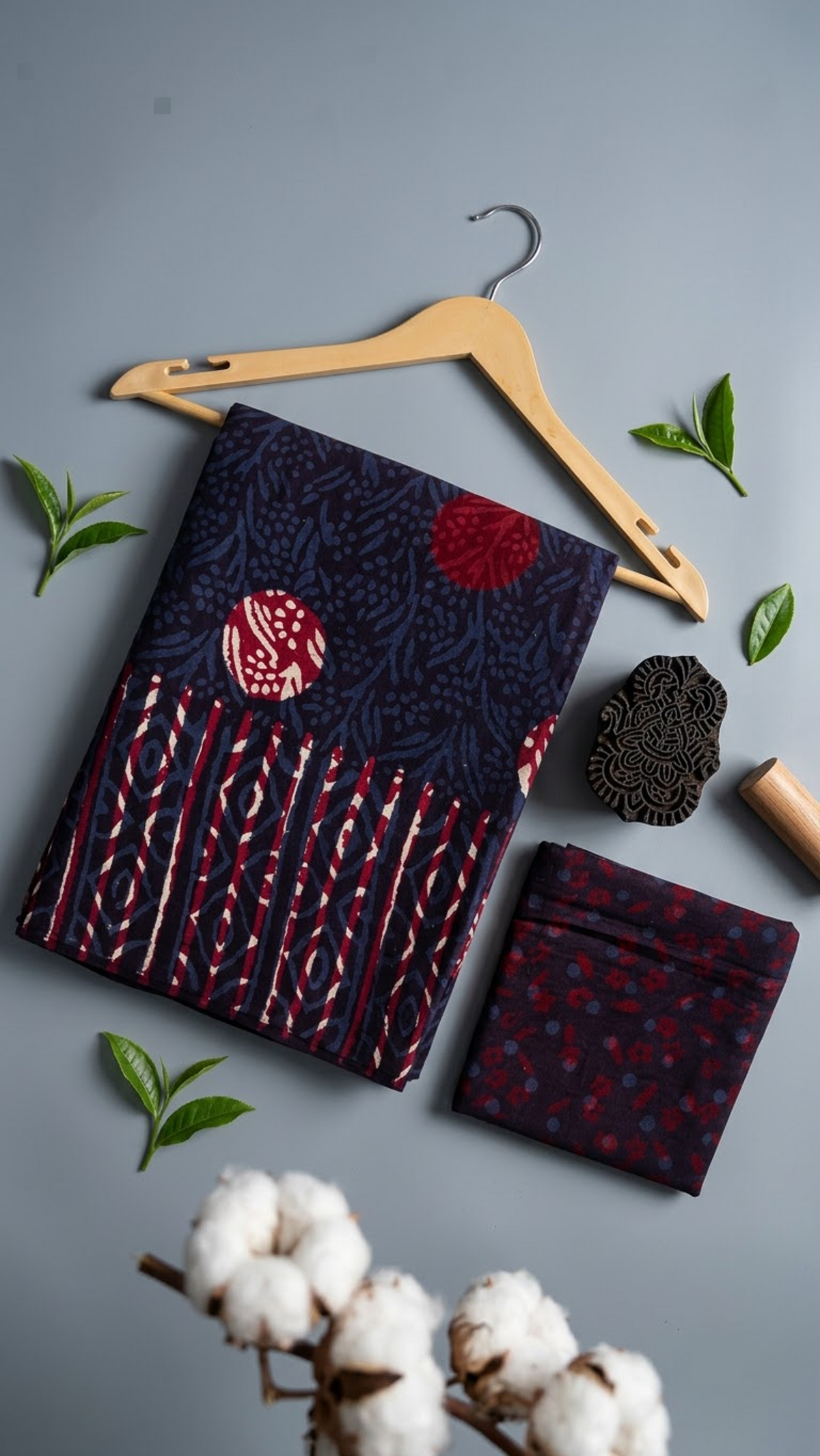Navy circle-print cotton saree with red and ivory striped pallu and coordinating navy blouse arranged in an artisan flat lay