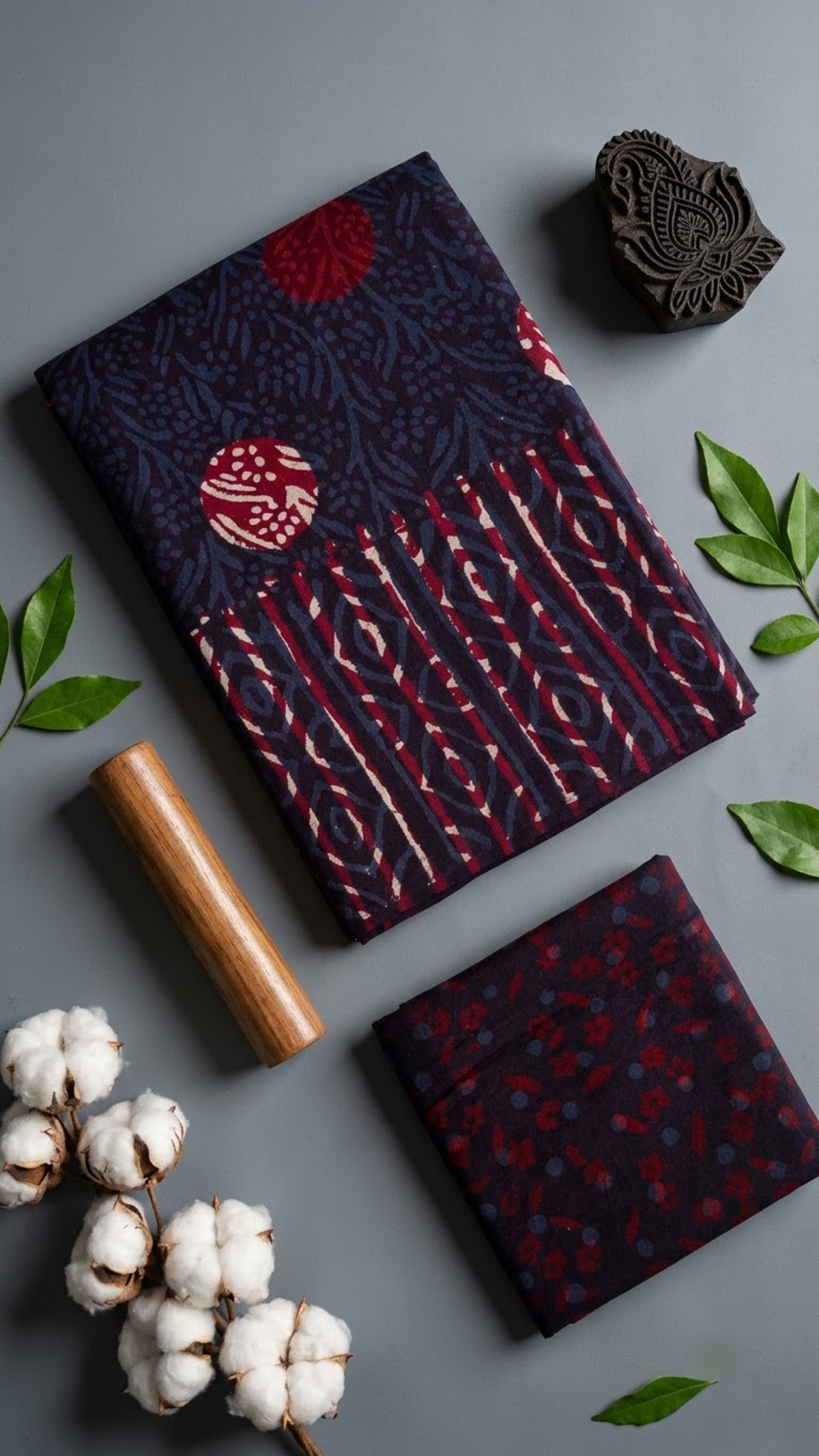 Closer artisan arrangement of the navy cotton saree showing blue botanical marks, red and ivory circles, striped pallu and small-red-motif blouse
