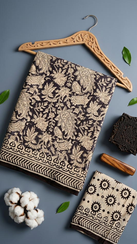 Flat lay of dark floral and paisley cotton saree with coordinating blouse piece