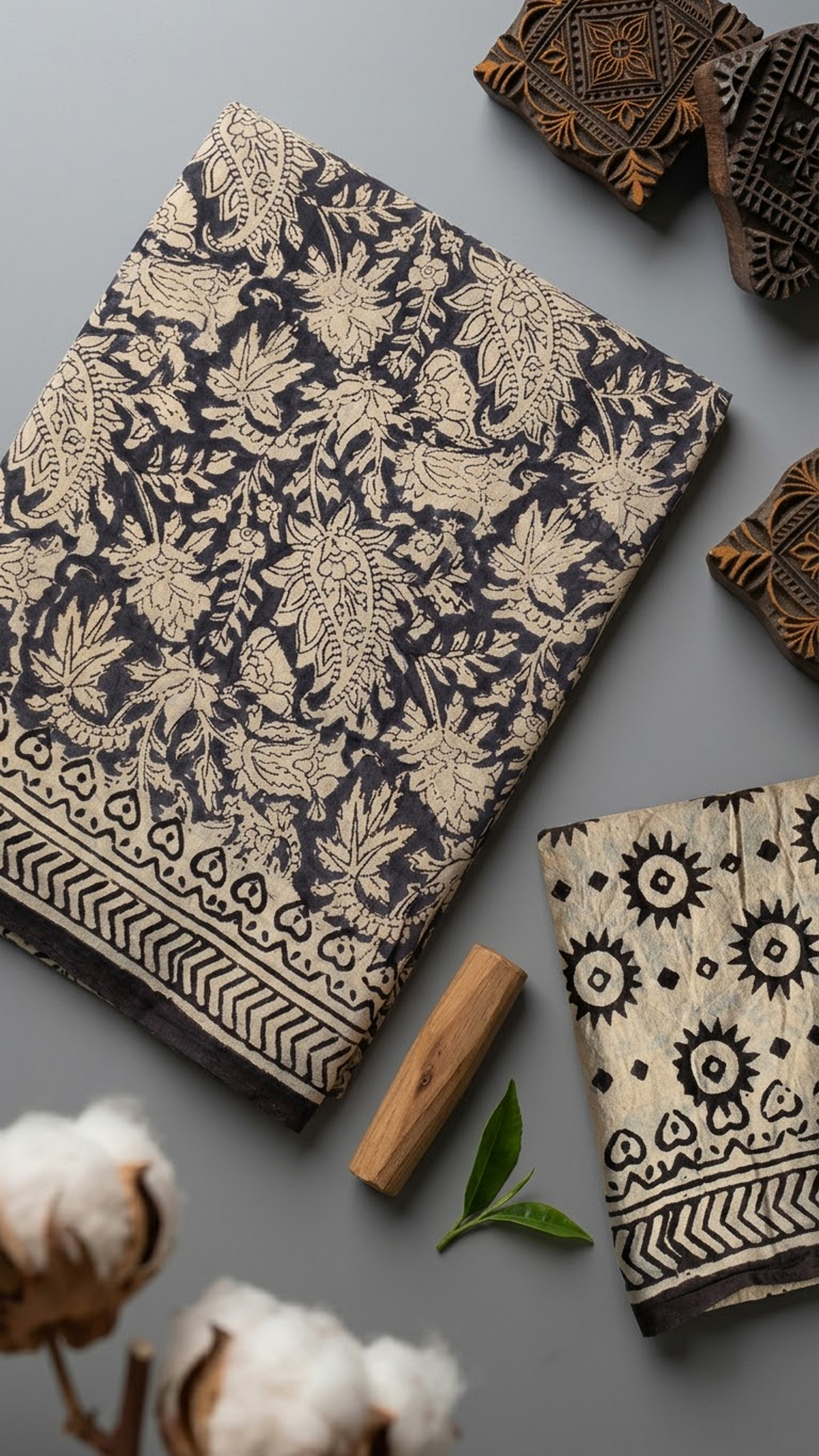 Detail of dark floral and paisley cotton saree print and blouse piece