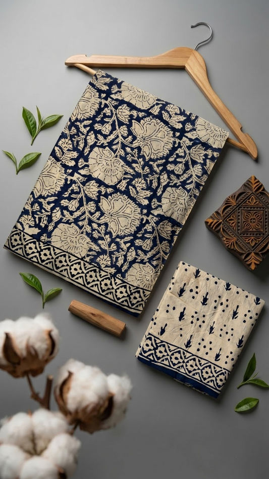 Flat lay of dark floral vine cotton saree with coordinating blouse piece