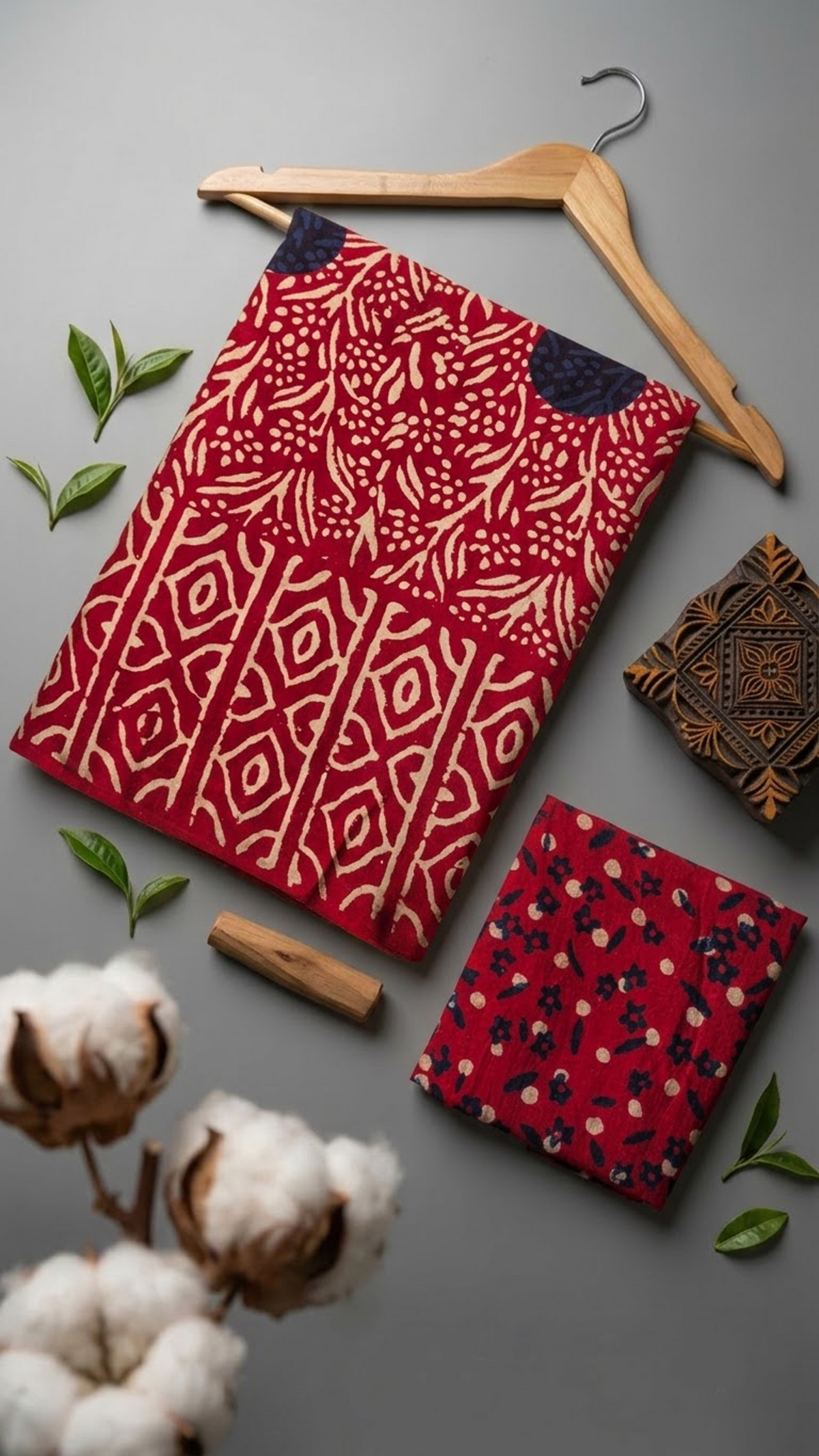 Flat lay of red geometric and botanical cotton saree with coordinating blouse piece