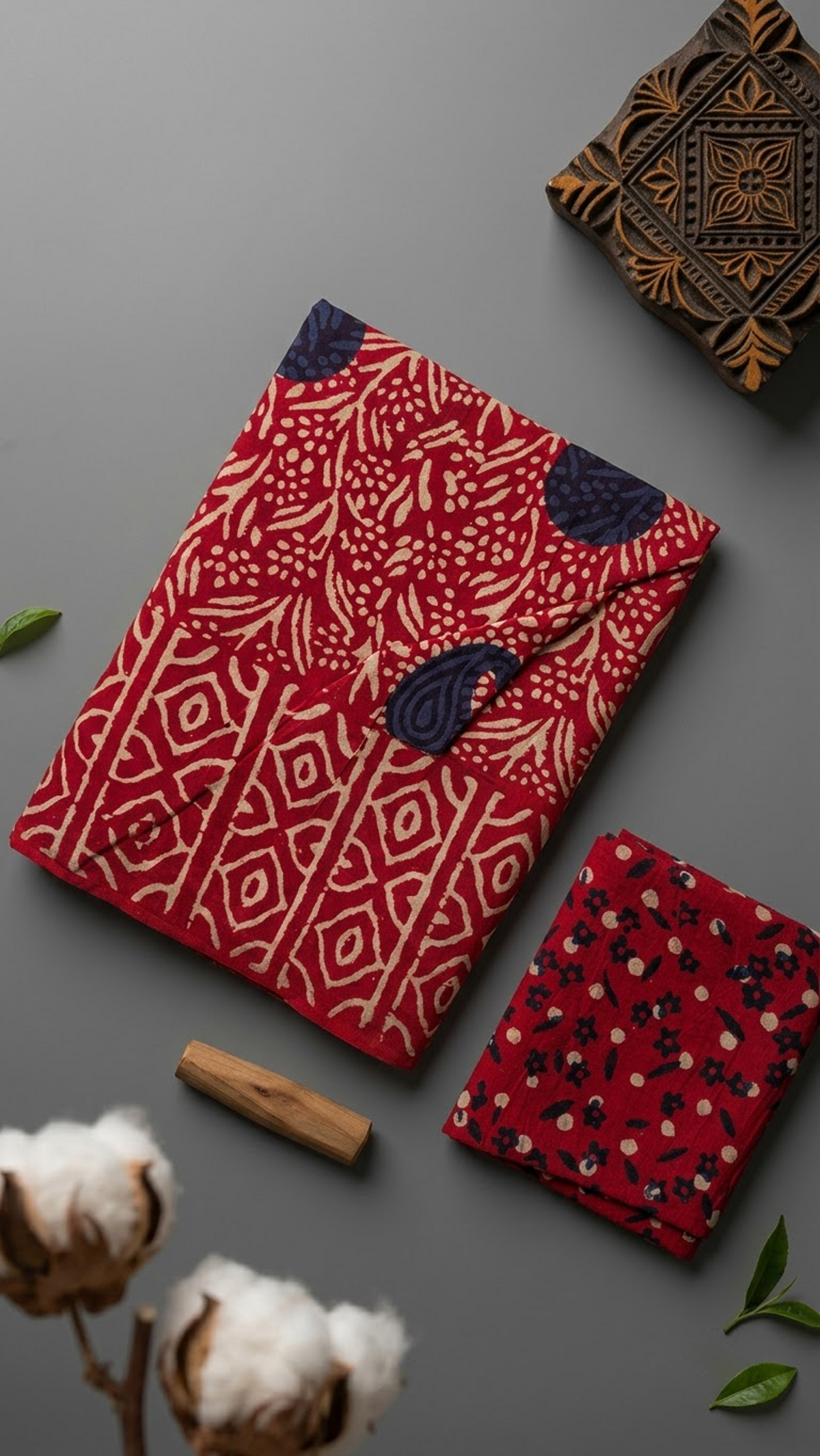 Detail of red geometric and botanical cotton saree print and blouse piece