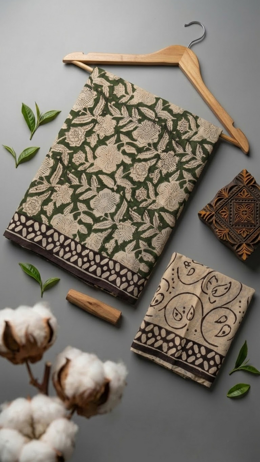 Flat lay of green floral cotton saree with coordinating blouse piece