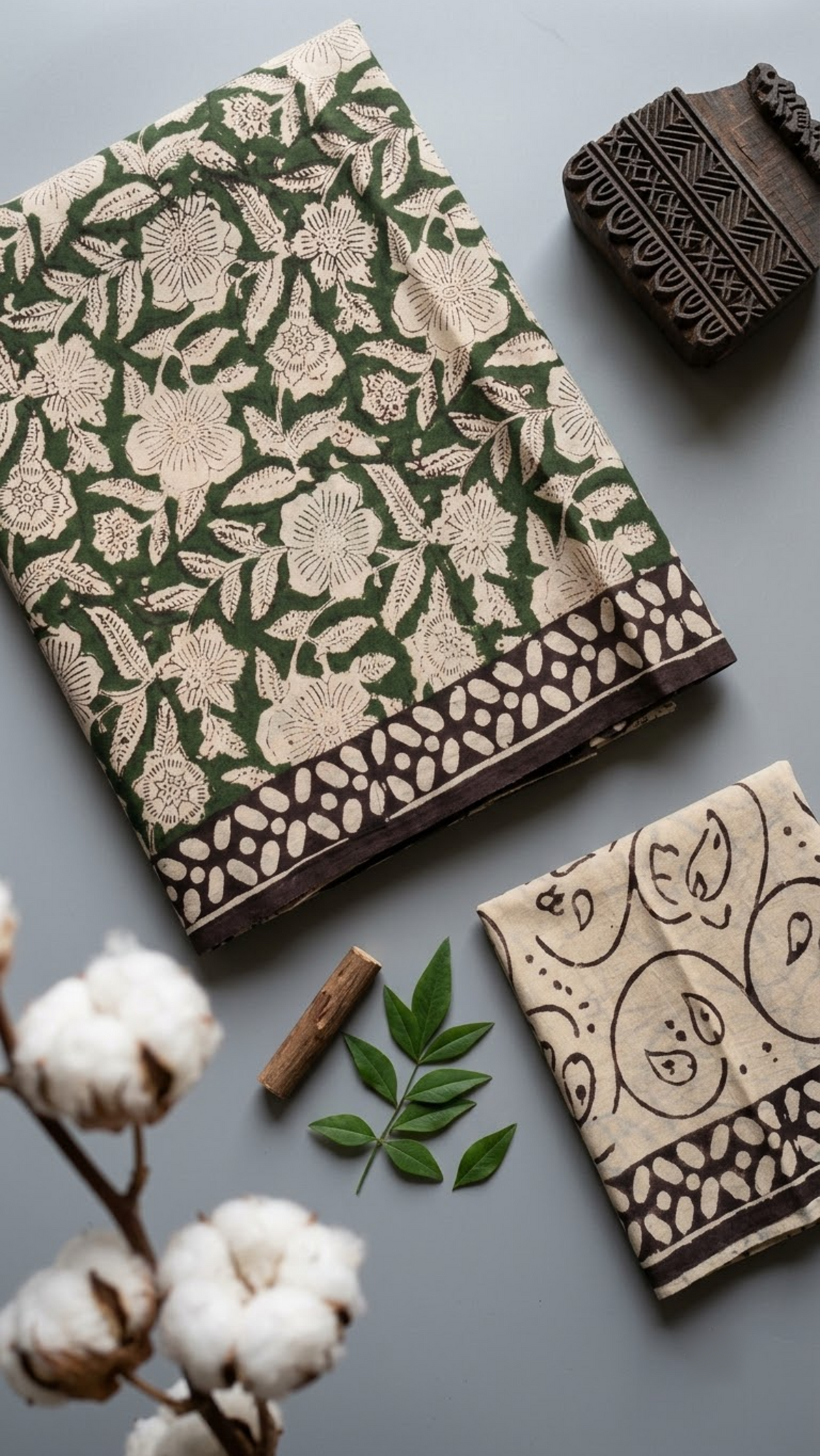 Detail of green floral cotton saree print and blouse piece