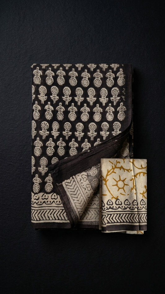 Folded black floral sprig cotton saree with blouse piece on a charcoal background