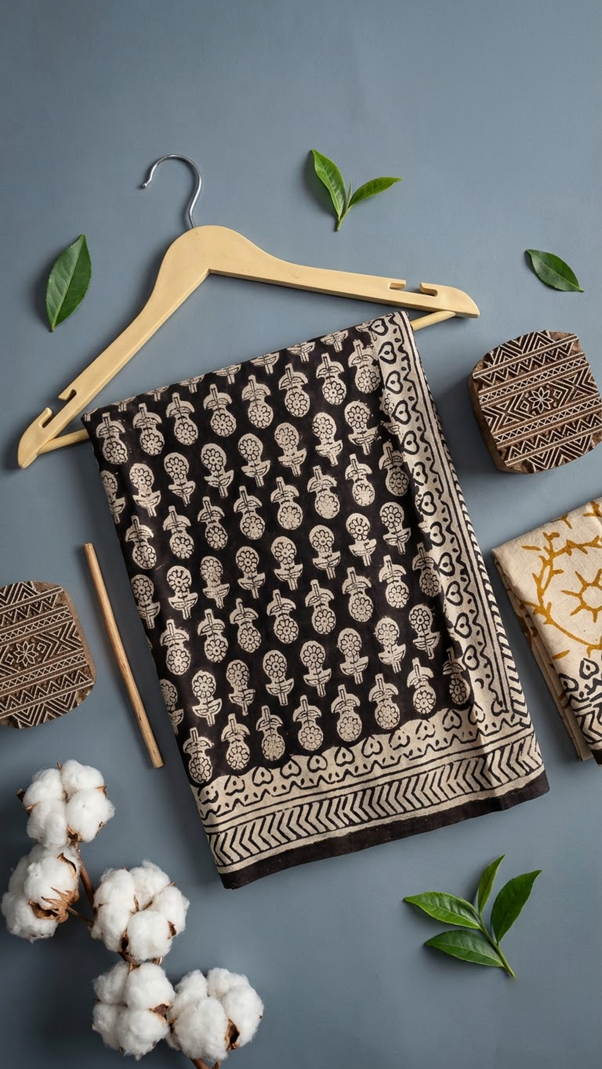 Flat lay of black floral sprig cotton saree with coordinating blouse piece