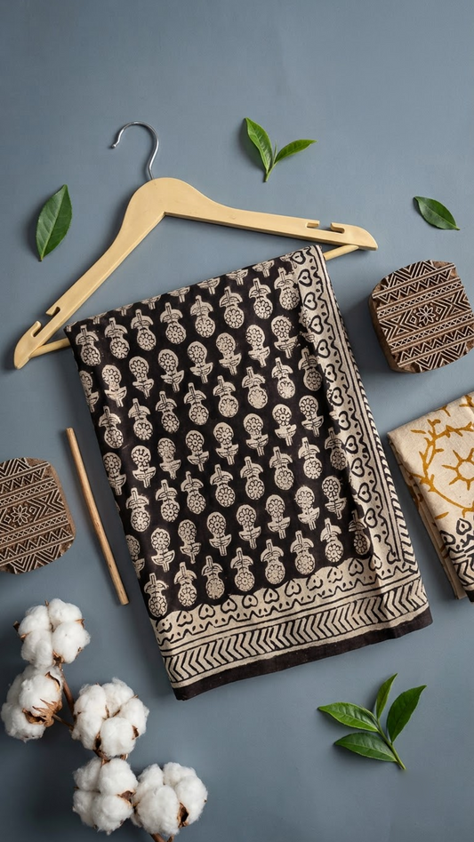 Flat lay of black floral sprig cotton saree with coordinating blouse piece