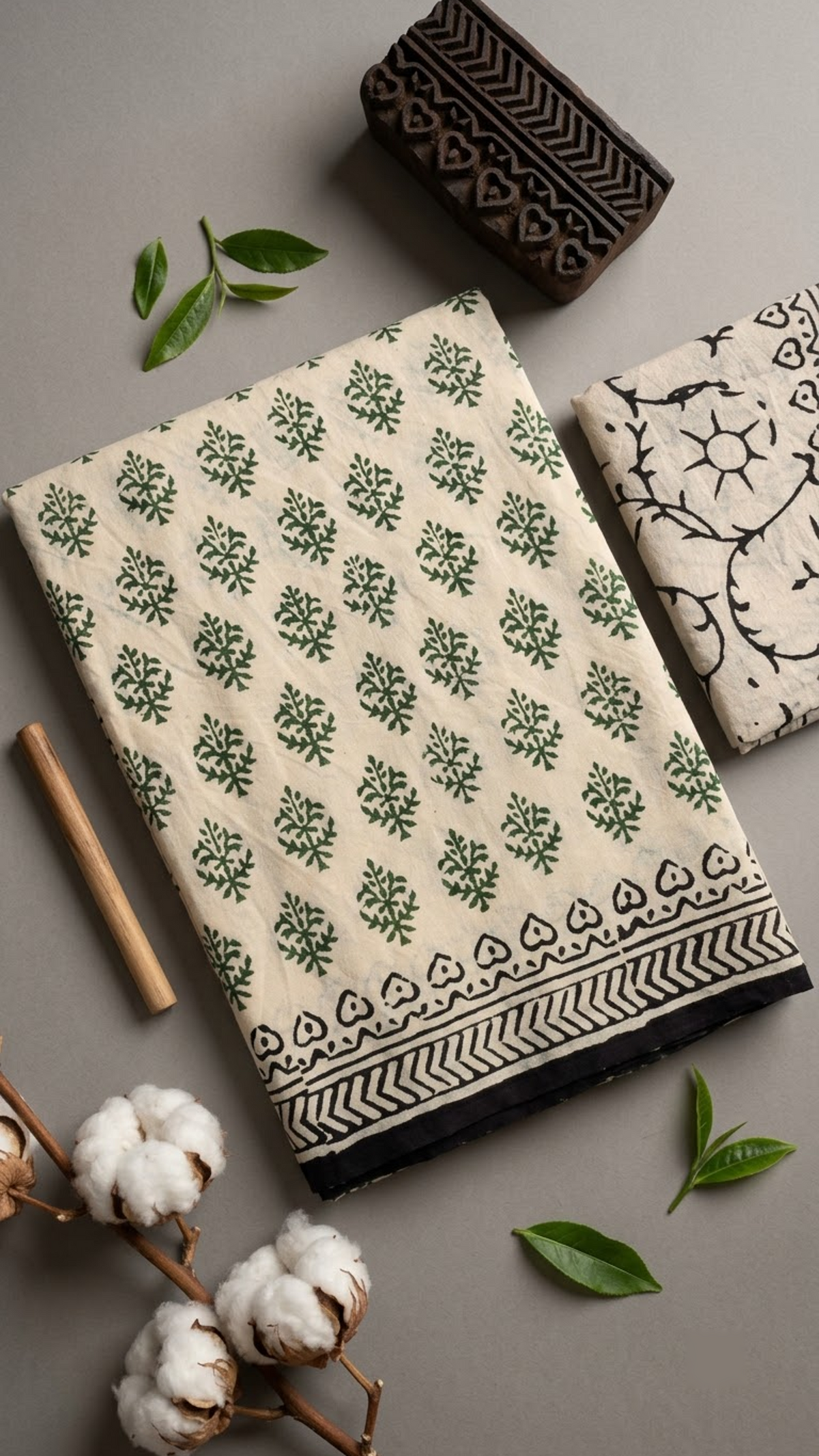 Detail of ivory green botanical cotton saree print and blouse piece
