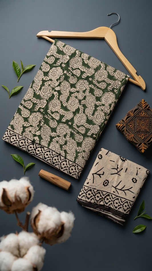 Flat lay of green ornate floral cotton saree with coordinating blouse piece