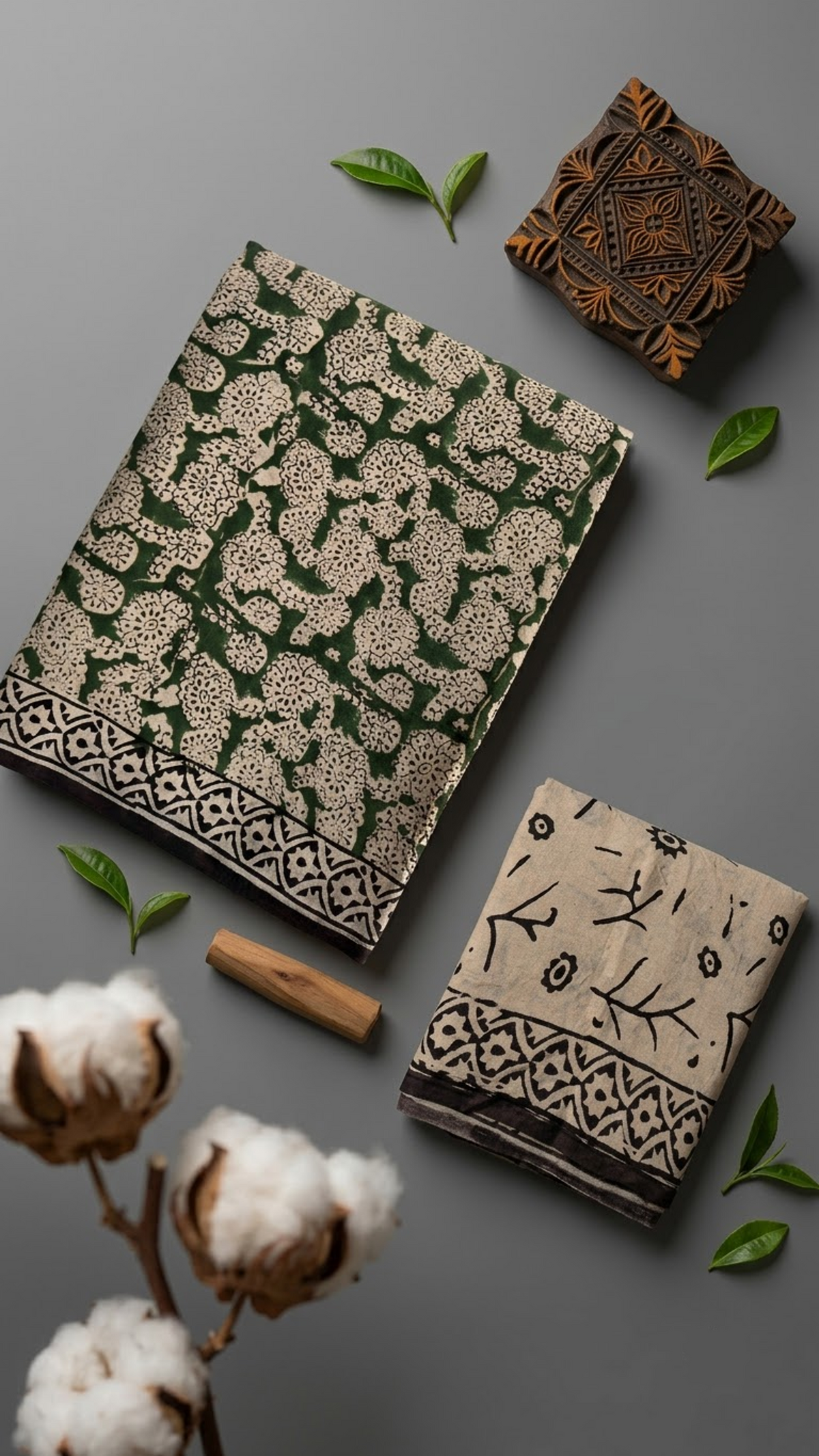Detail of green ornate floral cotton saree print and blouse piece