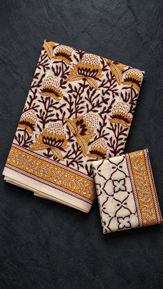 Ivory cotton saree with mustard flowers, maroon leafy branches, a mustard vine border, and an ivory maroon lattice blouse piece, folded on a charcoal background