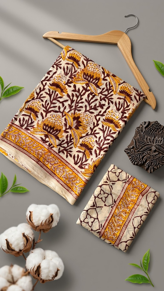 Ivory cotton saree with mustard flowers, maroon leafy branches, a mustard vine border, and an ivory maroon lattice blouse piece, arranged with the blouse piece in an artisan flat lay