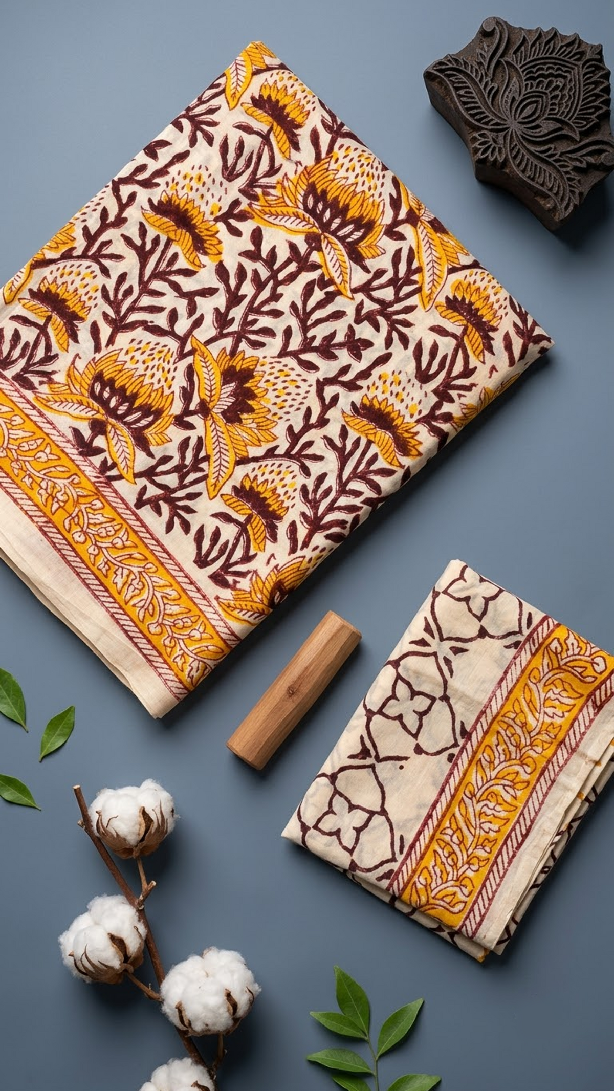 Ivory cotton saree with mustard flowers, maroon leafy branches, a mustard vine border, and an ivory maroon lattice blouse piece, shown with the blouse piece in a close detail view