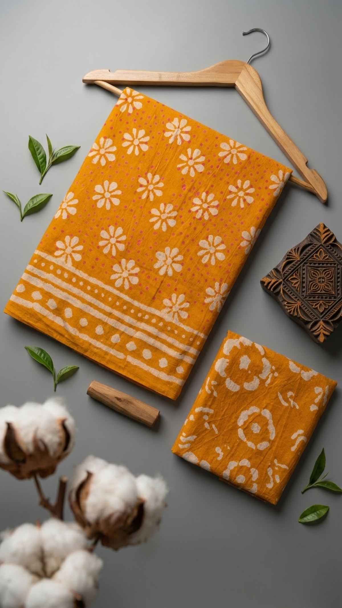 Orange cotton saree with ivory daisy motifs, an ivory striped and dotted border, and an orange circular floral blouse piece, arranged with the blouse piece in a styled flat lay