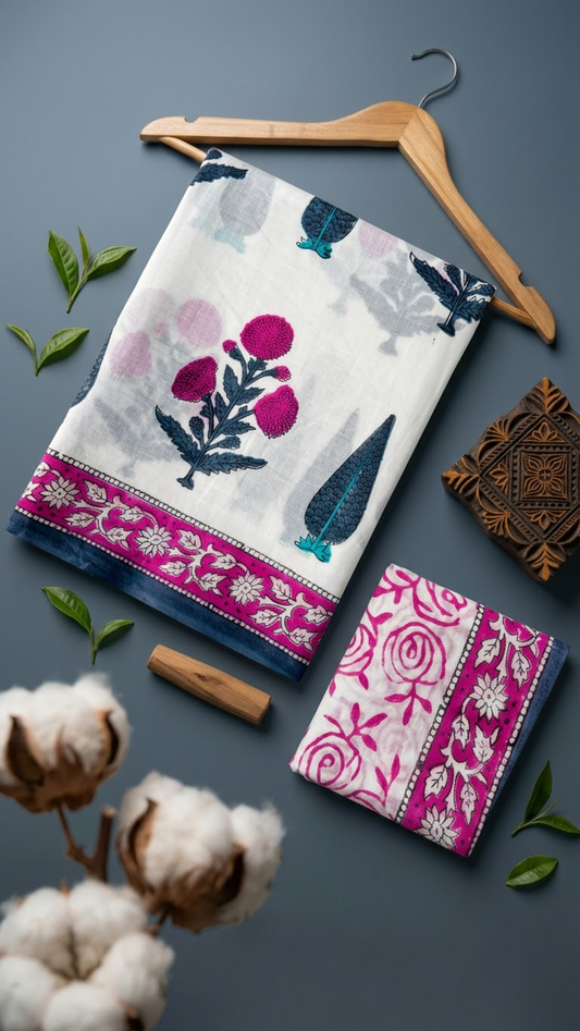 Ivory cotton saree with magenta flowers, navy foliage and teal accents, a magenta floral border with navy edging, and an ivory magenta rose blouse piece, arranged with the blouse piece in an artisan flat lay