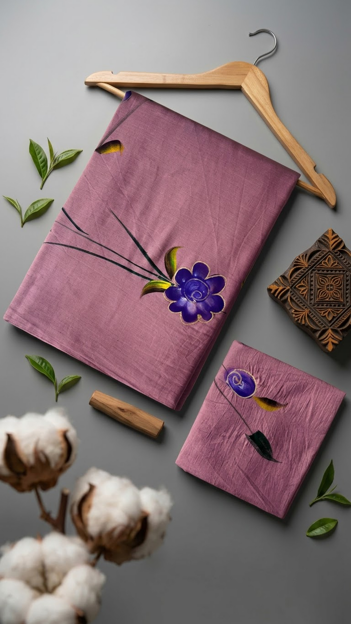 Mauve cotton saree with purple floral motifs, dark green stems, yellow-green leaves, and a matching mauve floral blouse piece, arranged with the blouse piece in an artisan flat lay