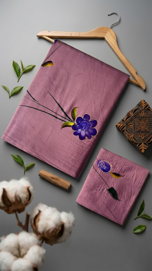 Mauve cotton saree with purple floral motifs, dark green stems, yellow-green leaves, and a matching mauve floral blouse piece, arranged with the blouse piece in an artisan flat lay