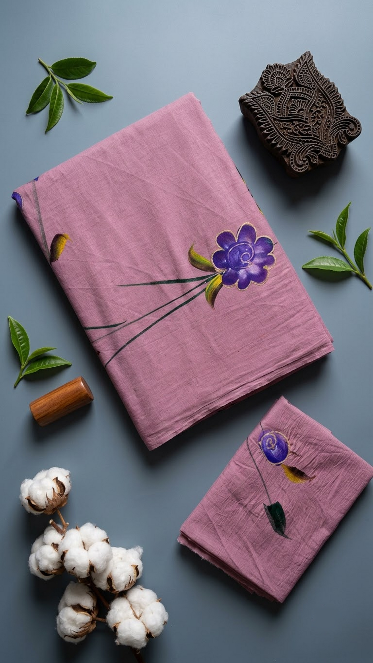 Mauve cotton saree with purple floral motifs, dark green stems, yellow-green leaves, and a matching mauve floral blouse piece, shown with the blouse piece in a close detail view