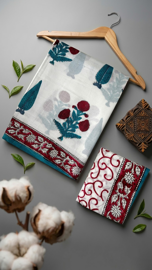 Ivory cotton saree with red flower clusters and teal foliage, a red floral border with teal edging, and an ivory red scroll-print blouse piece, arranged with the blouse piece in a styled flat lay